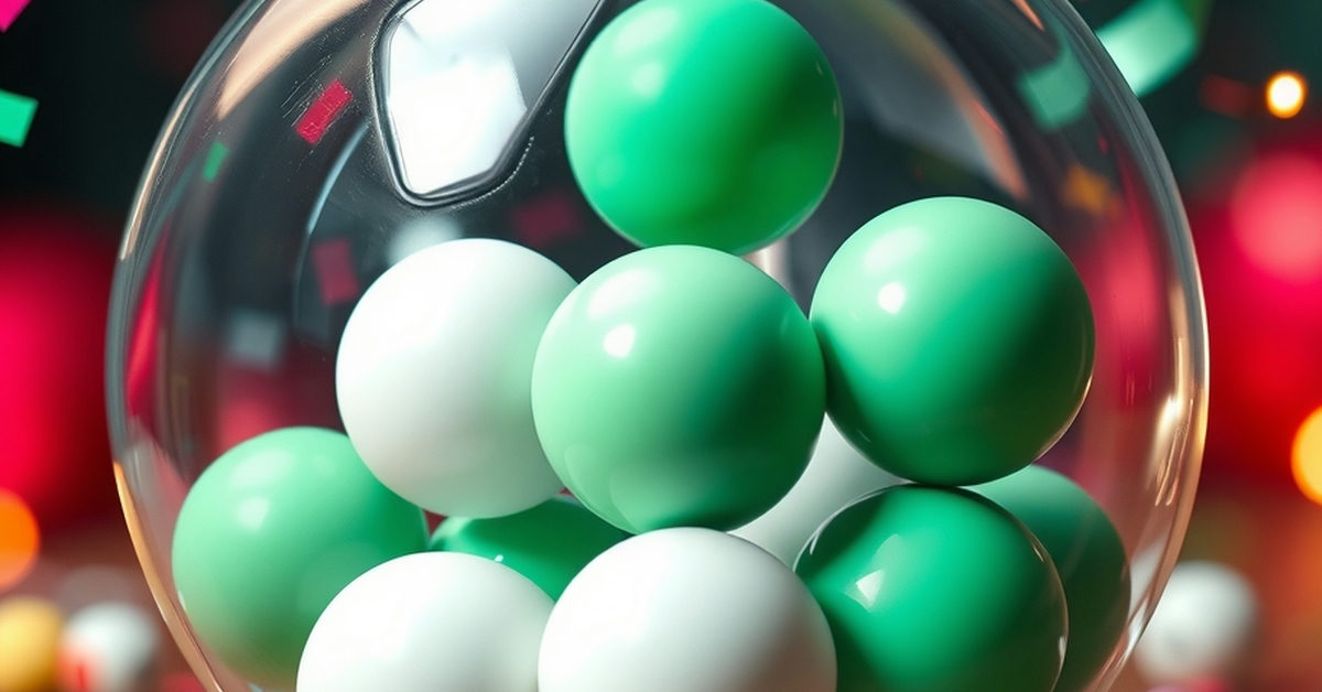 Globo de sorteio com bolas verdes e brancas cercado de serpentinas e confete