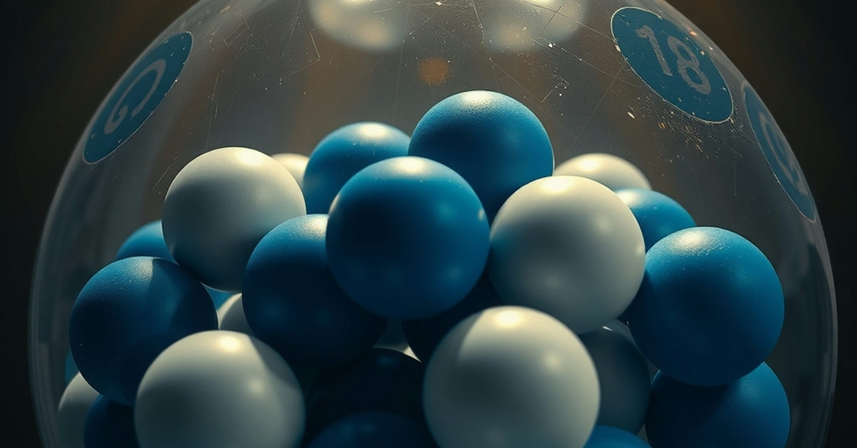Globo de sorteio com bolas azul-anil e brancas sob feixes de luz dourada