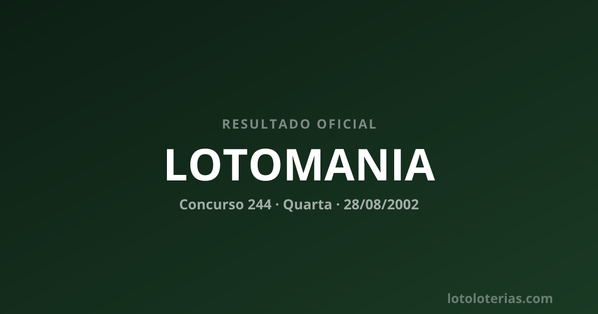 Resultado da Lotomania concurso 244 de 28/08/2002 — números sorteados: 00, 08, 15, 16, 24, 32, 37, 41, 43, 48, 49, 54, 55, 60, 70, 82, 87, 91, 95, 98