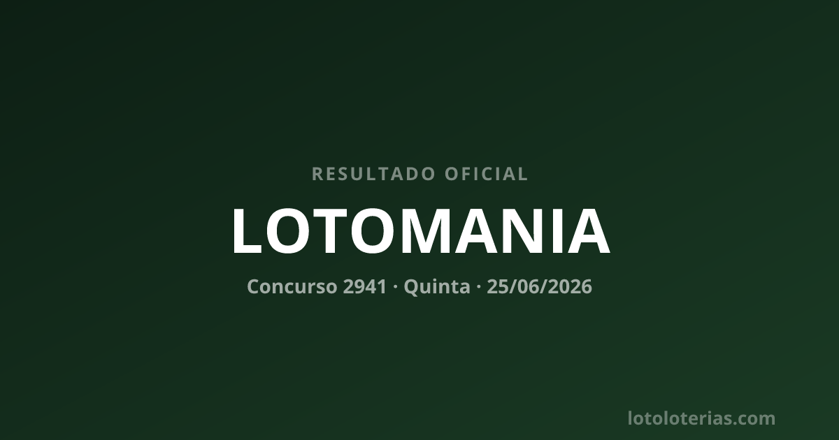 Resultado da Lotomania concurso 2941 de 25/06/2026 — números sorteados: 00, 01, 02, 05, 11, 13, 22, 25, 26, 29, 40, 45, 46, 47, 61, 65, 71, 77, 85, 88