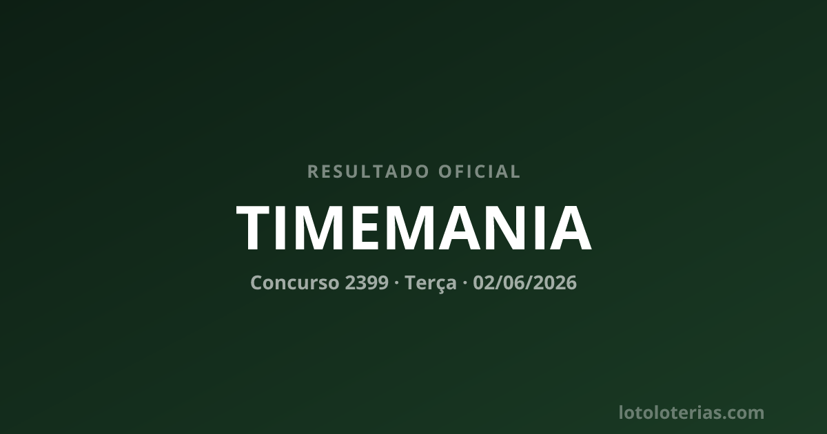 Resultado da Timemania concurso 2399 de 02/06/2026 — números sorteados: 02, 10, 14, 33, 37, 57, 62