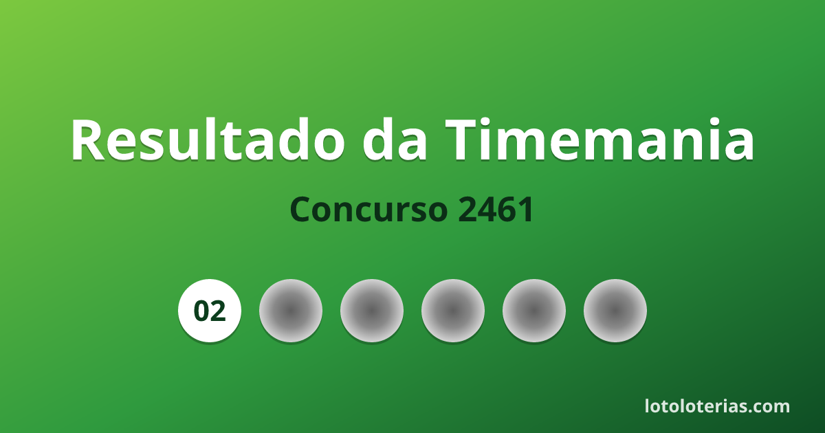 Resultado da Timemania concurso 2461 de 29/10/2026 — números sorteados: 02, 06, 17, 39, 57, 64, 71